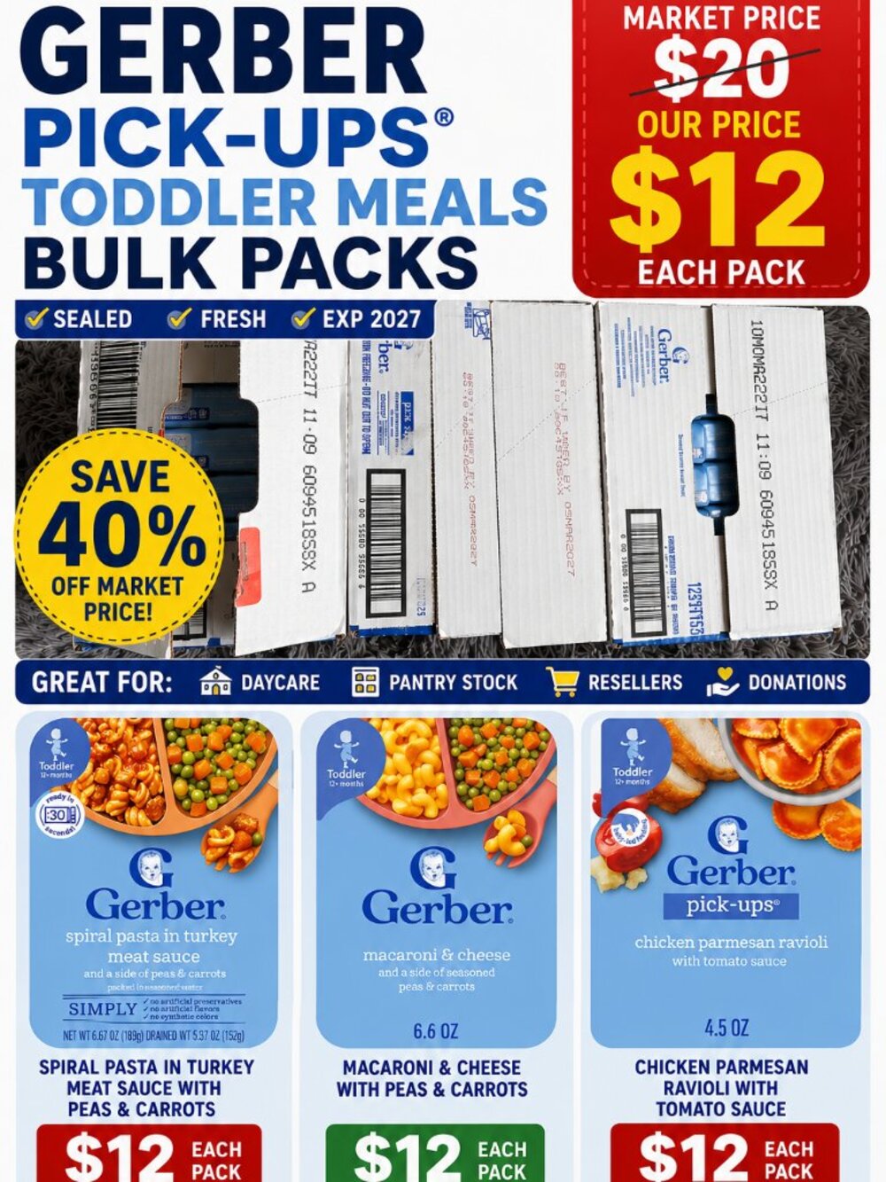 Gerber Pick-Ups Toddler Meals Bulk Lot | Baby Food | Mac & Cheese | Ravioli | Sp